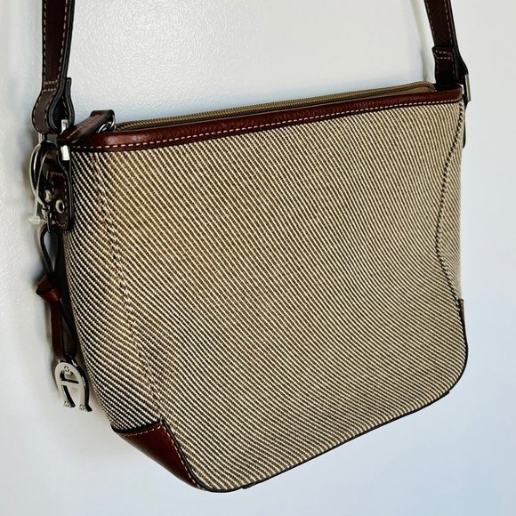 Vintage Etienne Aigner Brown Beige Fabric and Leather Shoulder Bag - Picture 2 of 5